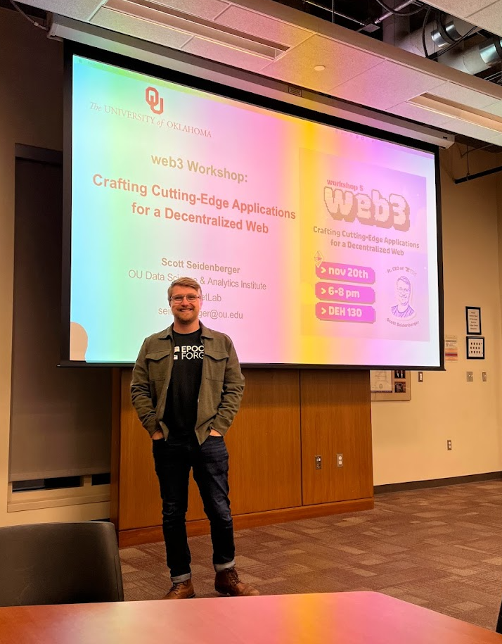 Scott Seidenberger presenting the Crafting Cutting-Edge Applications for a Decentralized Web workshop at the University of Oklahoma.